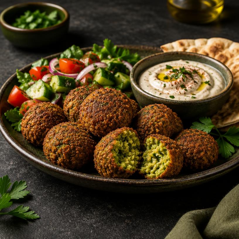 Goldbraune Falafel mit Salat und Dip