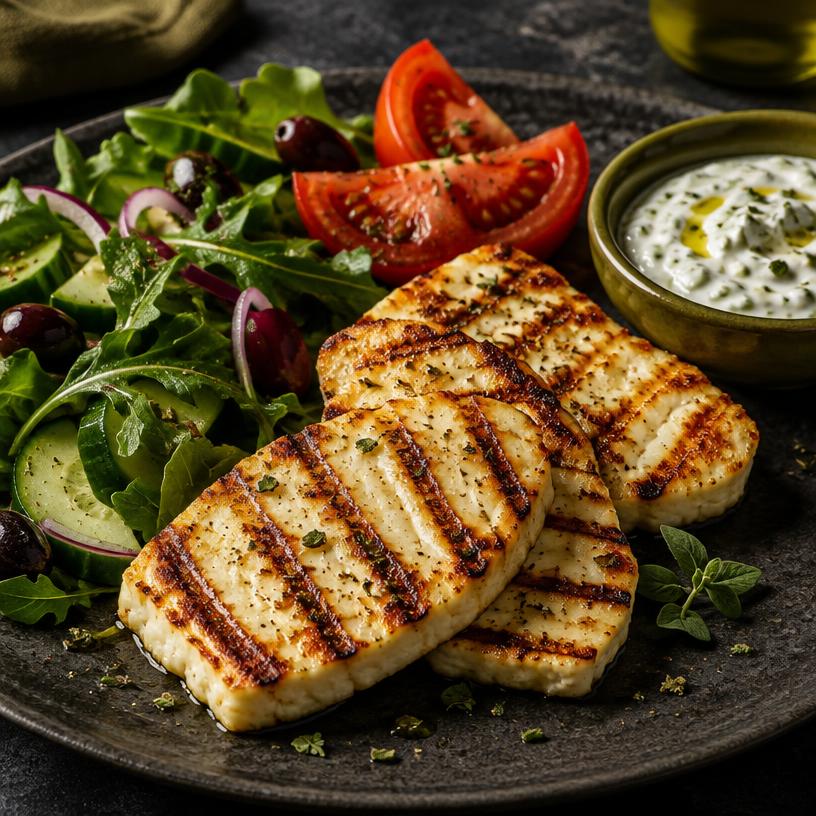 Goldbraun gegrillter Halloumi mit Salat