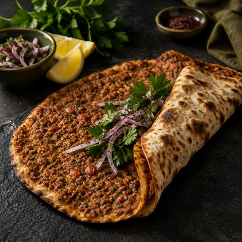 Dünn gebackener Lahmacun mit frischen Kräutern